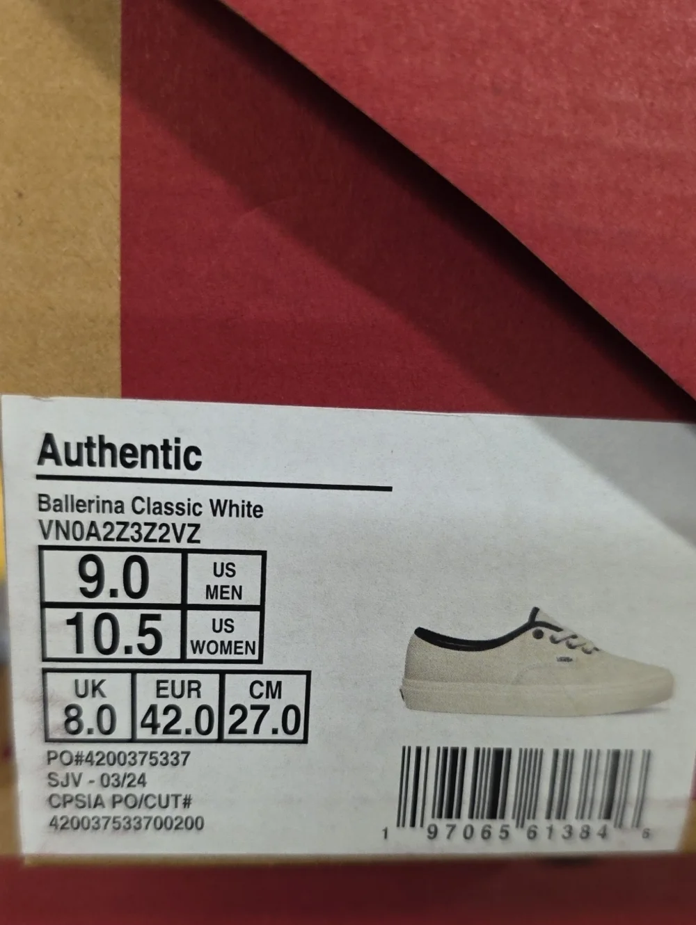 Vans Authentic Ballerina Classic White Shoes Men's 9.0 Women's 10.5 New With Box